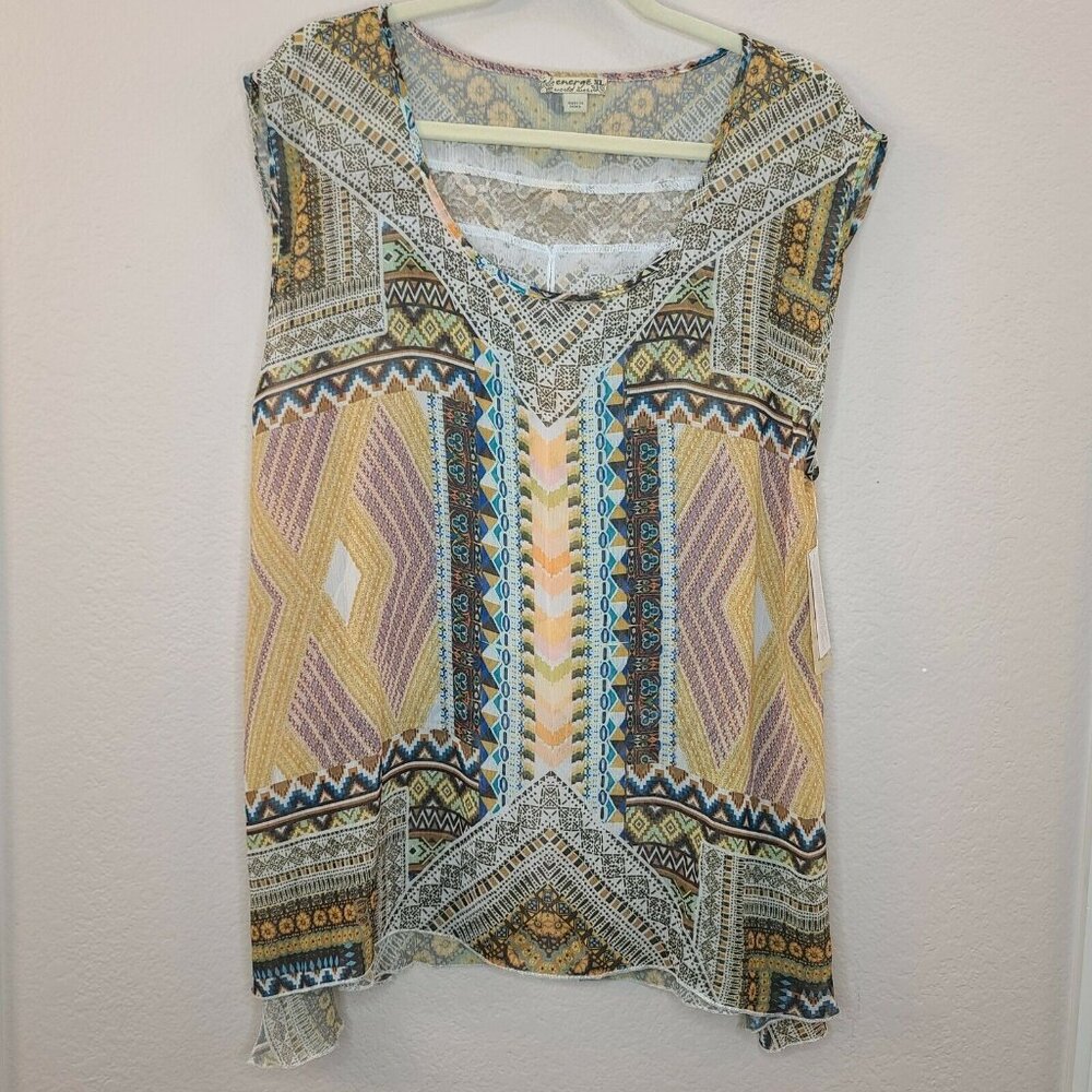 Energe Top Womens XL Yellow Black Tribal Print Chiffon Blouse Slit Back Summer